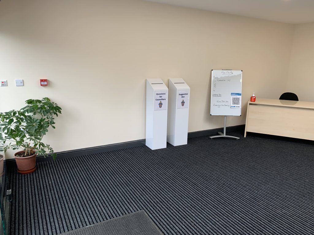 inside the new atrium showing suggestion boxes